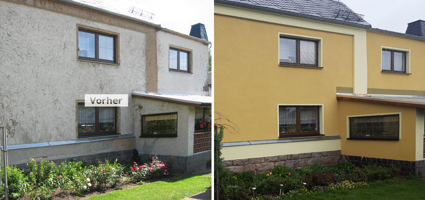 Vergleichsbild: Vergrauter Außenputz gegenüber neu verputzter und gestrichener Hausfassade in warmem Farbton.