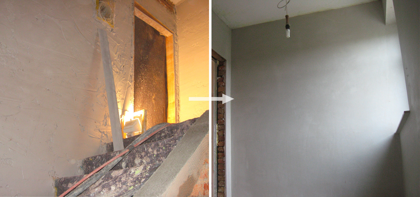 Vorher-Nachher Ansicht eines Flurs. Verwandlung von einer Baustelle zu wohnfertigen, glatten Wänden durch professionellen Innenputz.