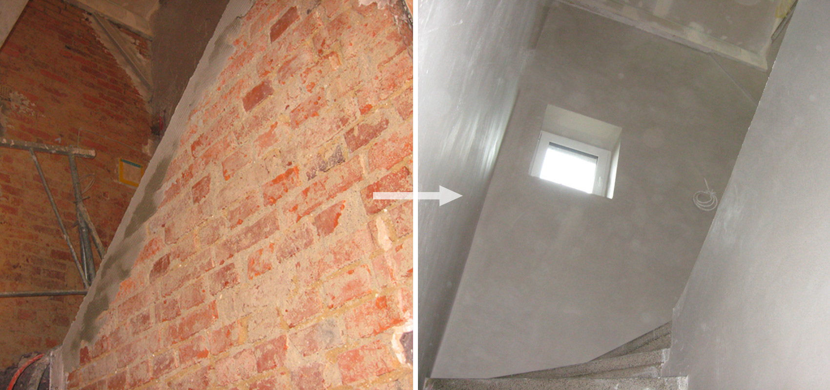 Sanierung von Mauerwerk: Links die rohe Ziegelwand, rechts der frisch aufgetragene, glatte Gipsputz.