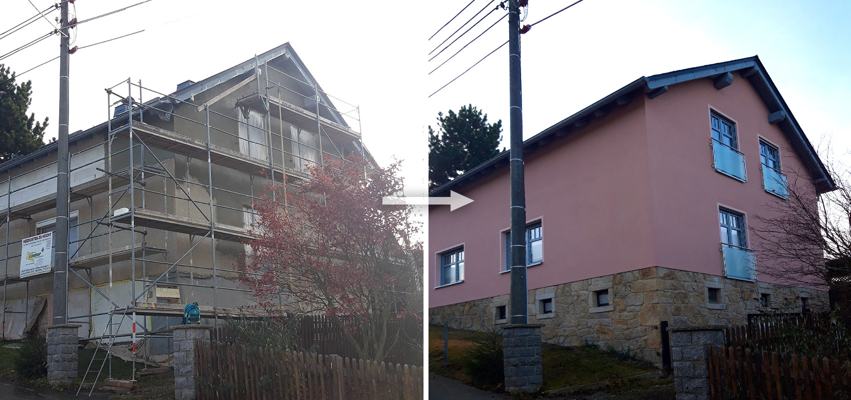 Vergleichsbild: Ein eingerüstetes Haus erhält durch uns einen komplett neuen Außenputz und frischen Anstrich in Terrakotta/Rosa.