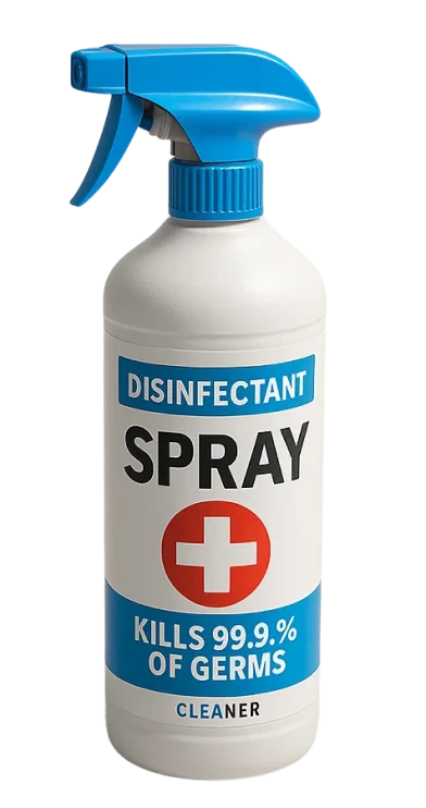 Bouteille de spray désinfectant blanche avec un pulvérisateur bleu, label indiquant tue 99,9 % des germes.