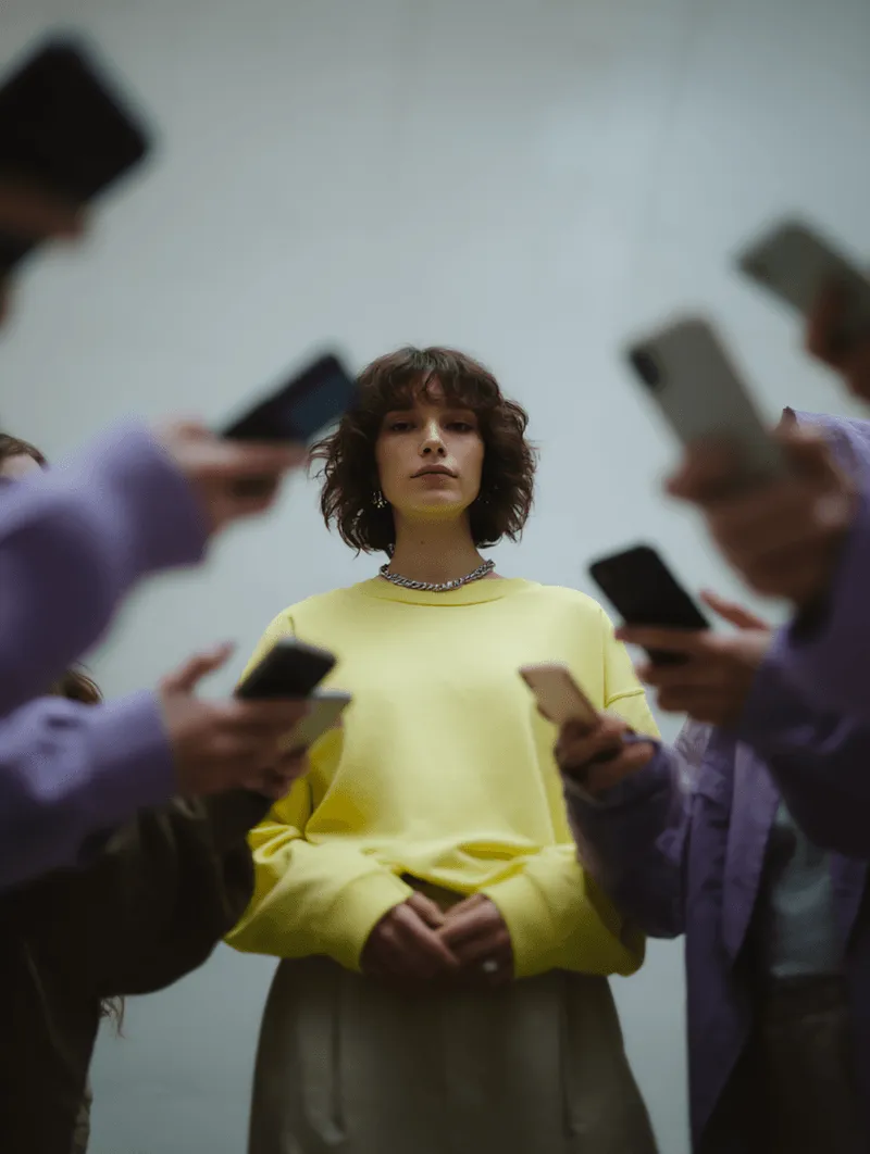 egy fiatal lány körül további fiatalok állnak és kezükben tartják a mobiltelefonukat