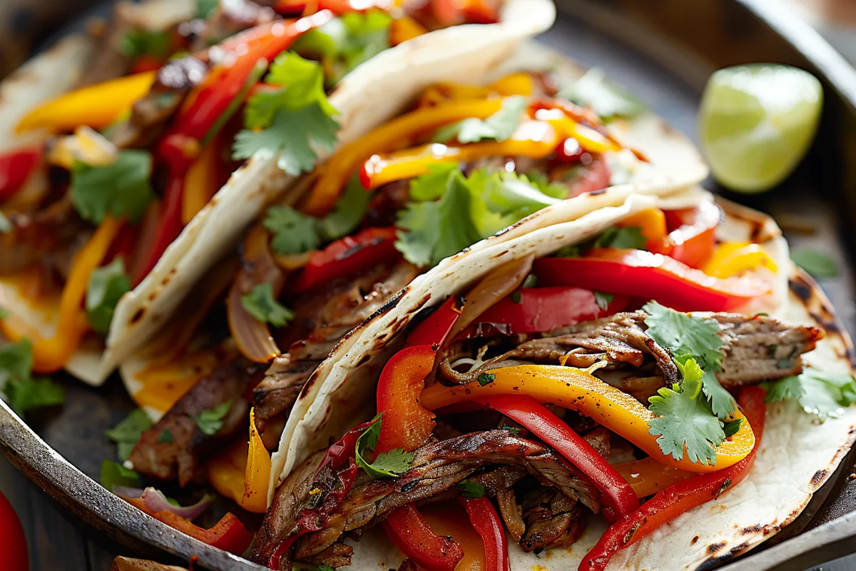 Grilled fajitas with sliced beef, red and yellow bell peppers, onions, and fresh cilantro on flour tortillas with a lime wedge on the side.