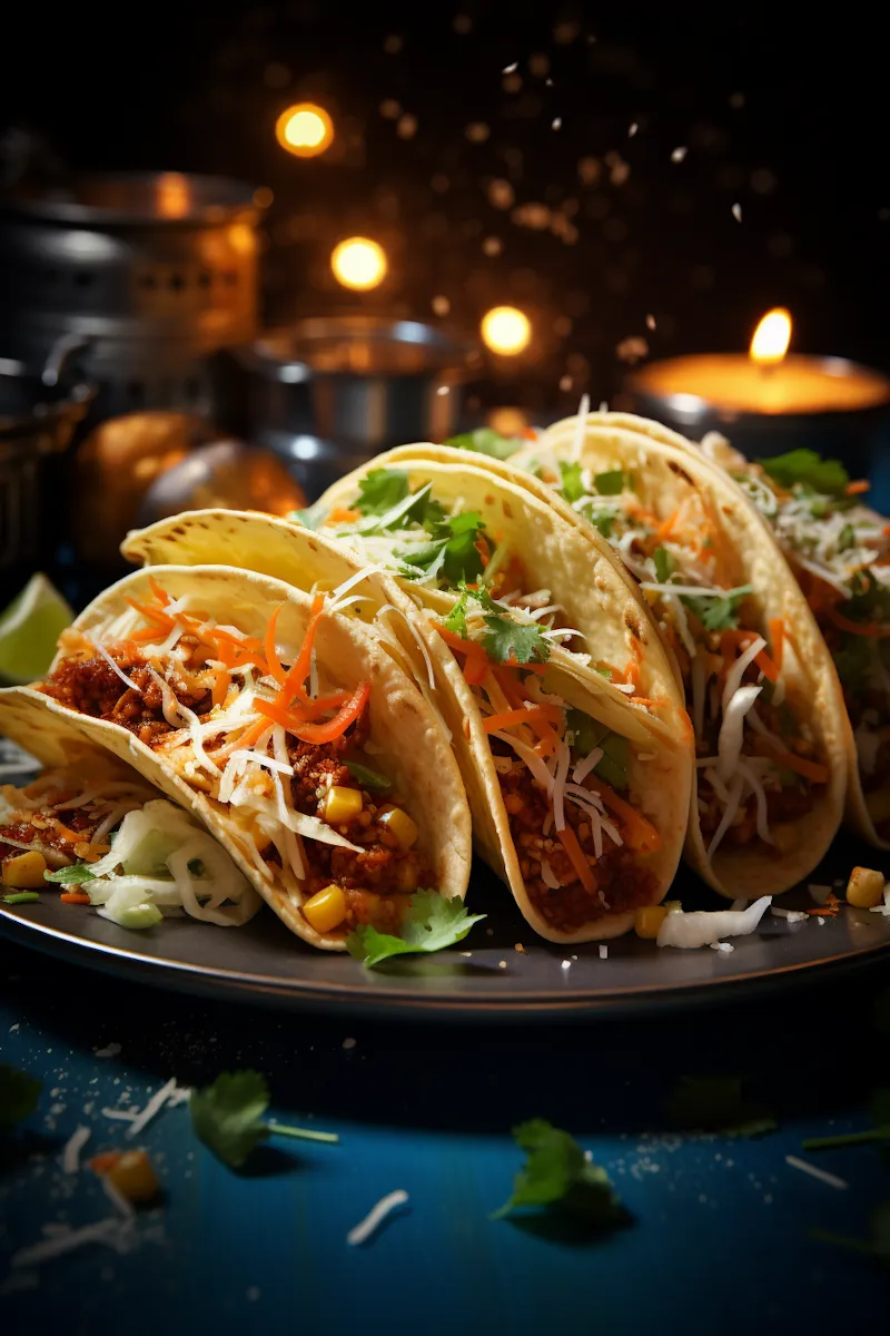 Close-up of four soft tacos filled with ground meat, shredded cheese, carrots, corn, and cilantro on a dark plate with a blurred candlelit background.
