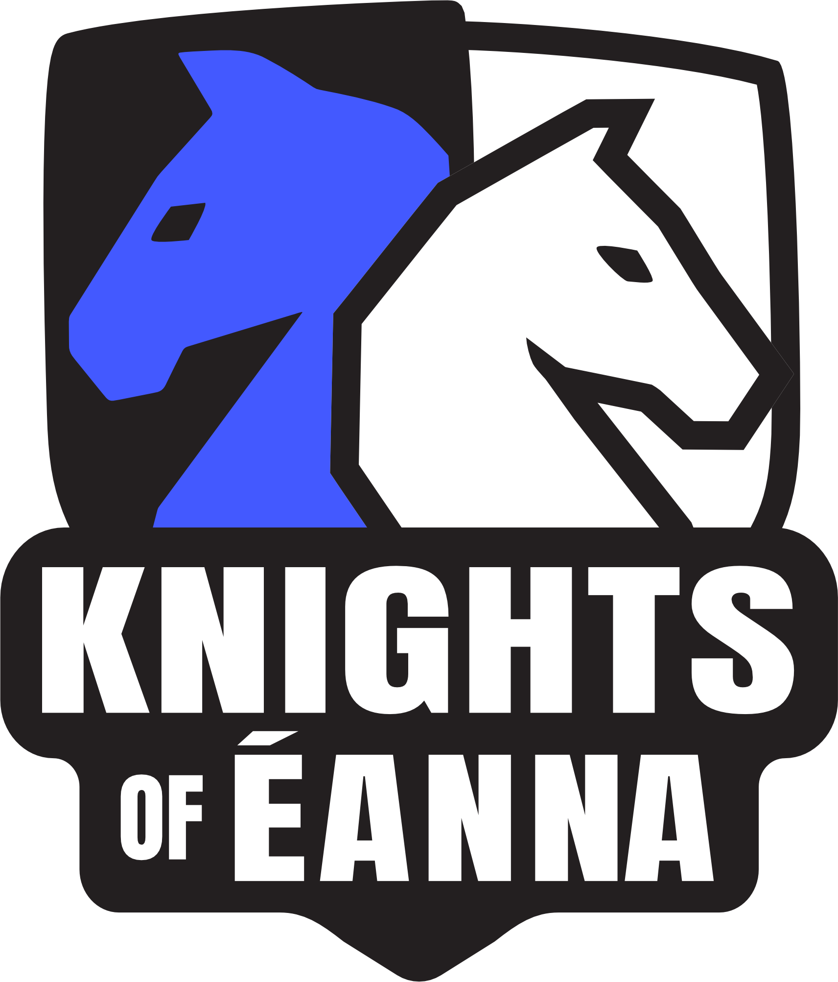 Knights of Eanna Chess Club official logo with two knights in a  crest and the words Knights of Eanna underneath.