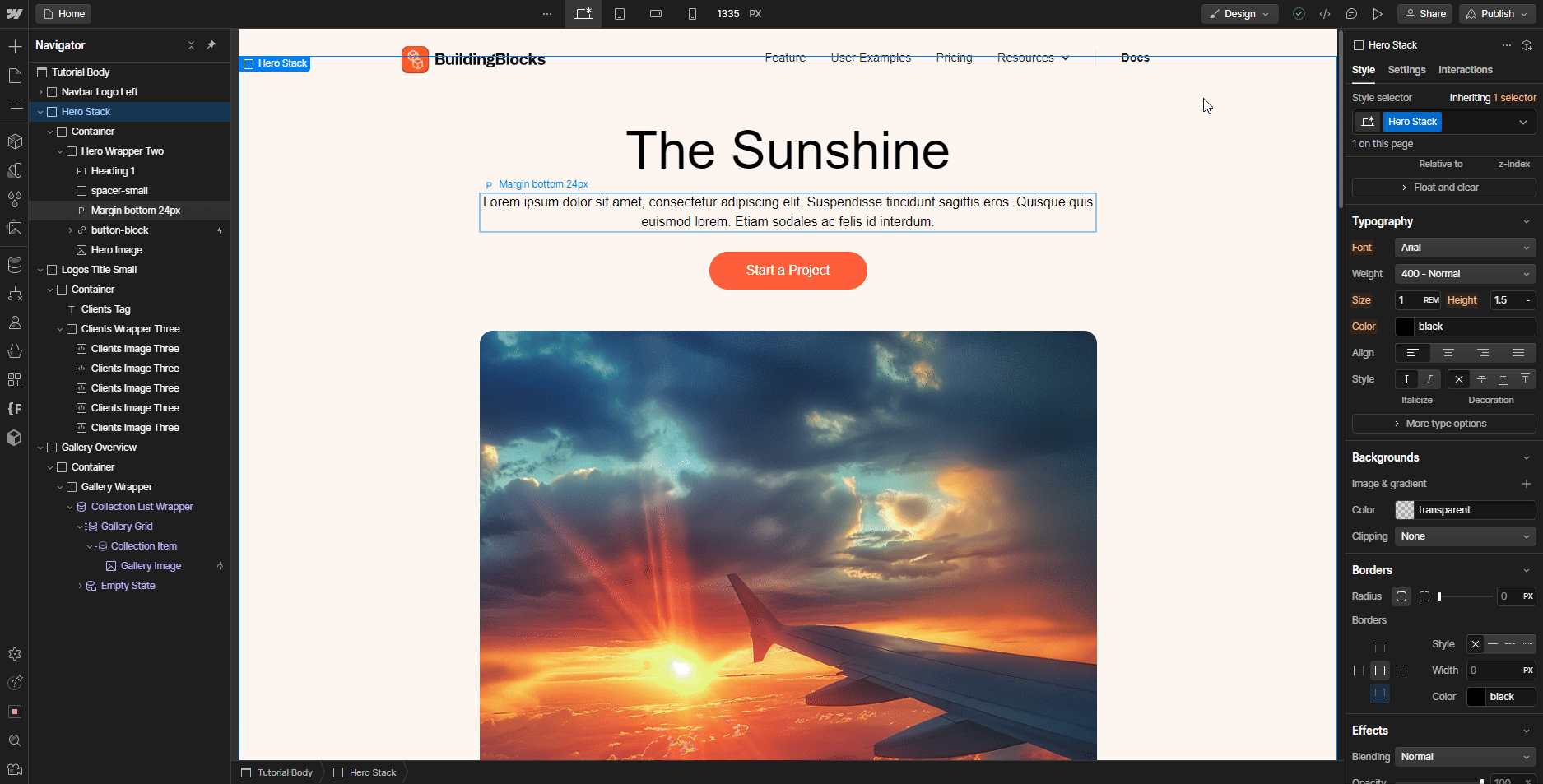 Website design interface showing a sunset view from an airplane window with the sun shining through clouds.