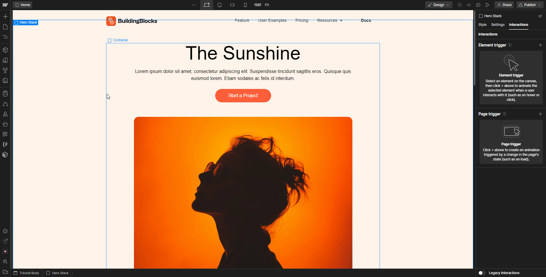Website design interface showing a 'The Sunshine' hero section with a silhouette of a woman against an orange background.