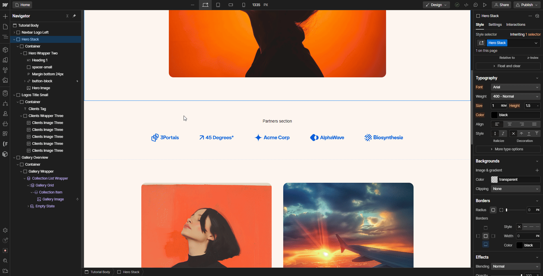 Animated sequence showing a webpage design interface with a hero image of a woman's profile against an orange background, a partners section with logos, and gallery images including a woman looking up and an airplane wing at sunset.
