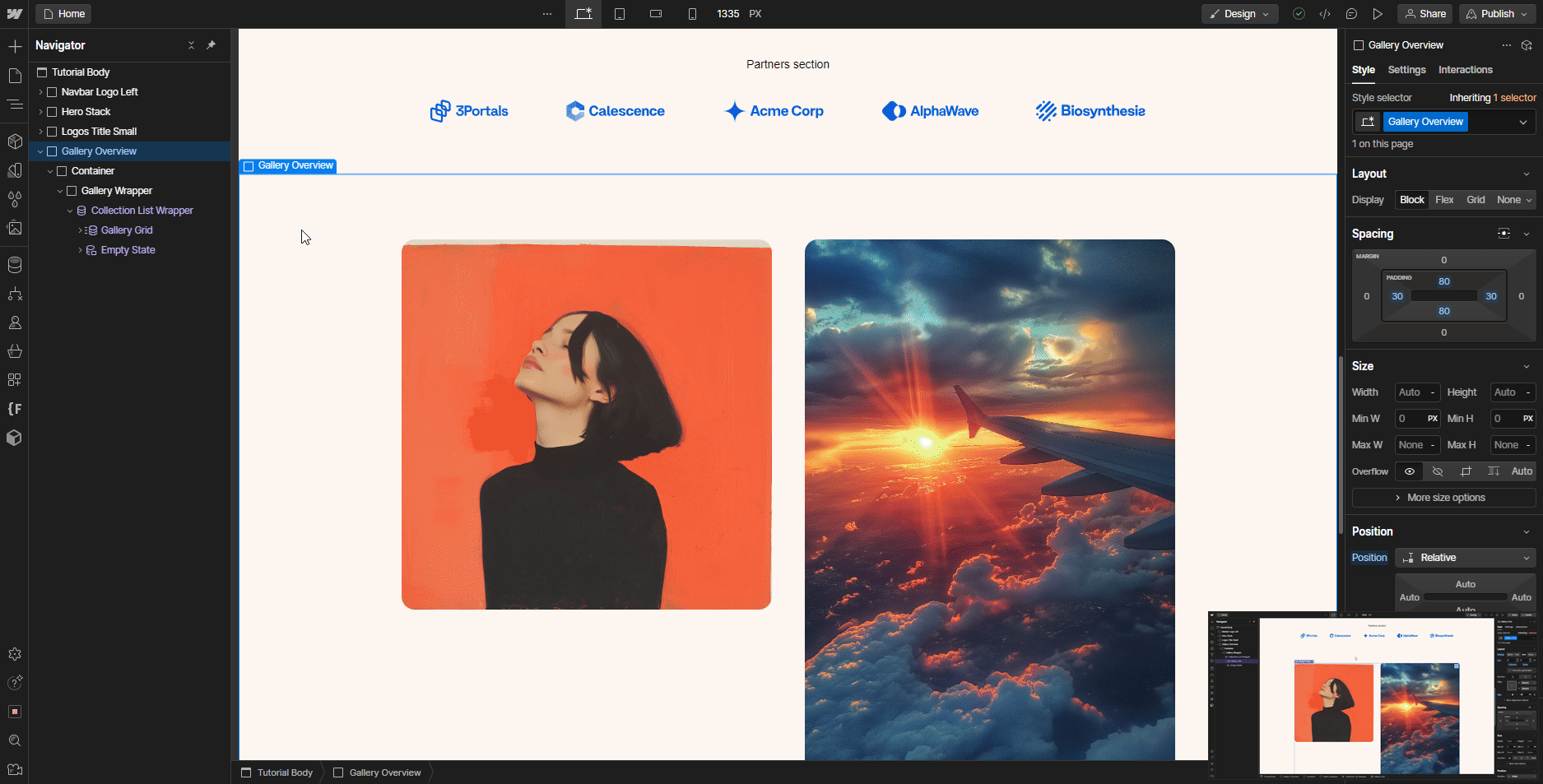 Web design editor interface showing a gallery overview with a portrait of a woman in front of an orange background and a sunset view from an airplane window.