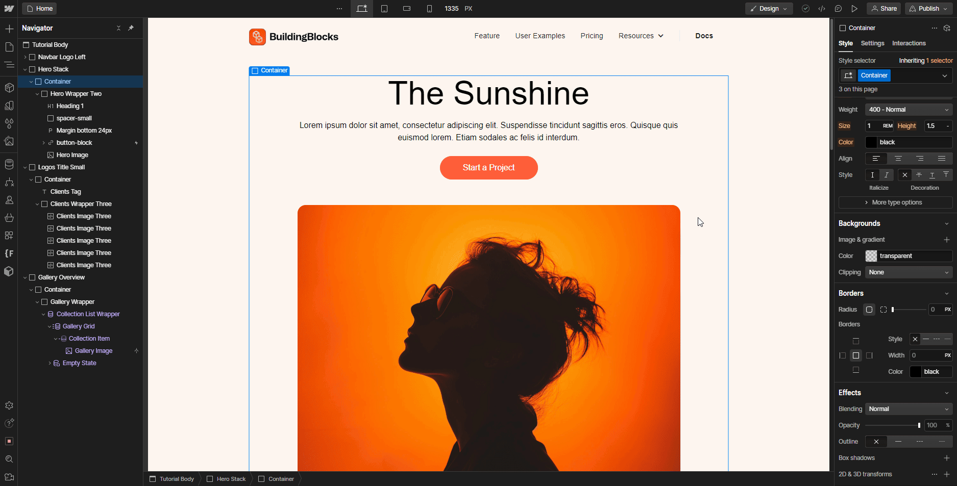 Website design interface showing a hero section with a silhouette of a woman against an orange background and the heading 'The Sunshine'.