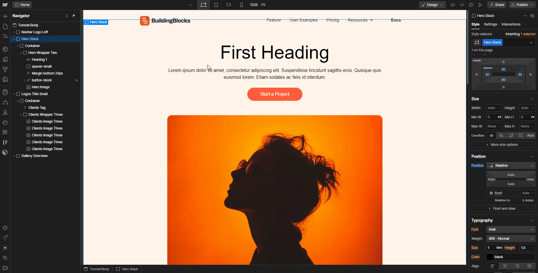 Web design interface showing a header with first heading text, placeholder text, a call-to-action button, and an orange backlit silhouette of a woman wearing glasses.