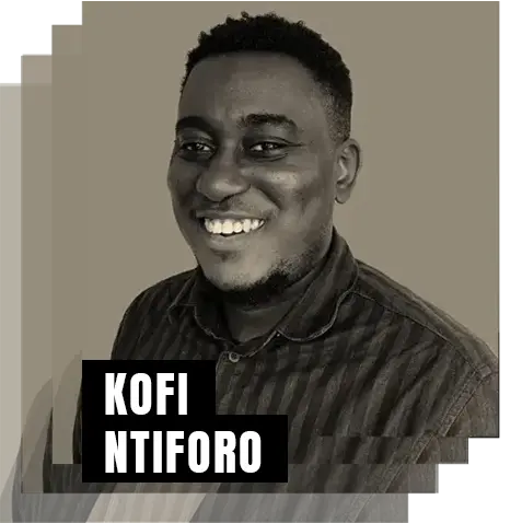 Smiling man named Kofi wearing a striped button-up shirt against a plain background.