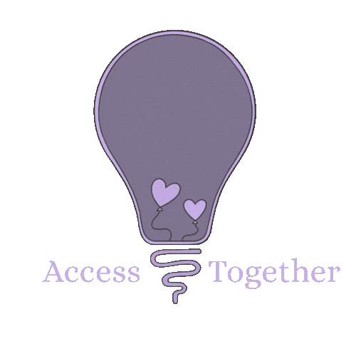 Animated logo for Access Together showing a purple light bulb turning yellow as two hands link together inside it.