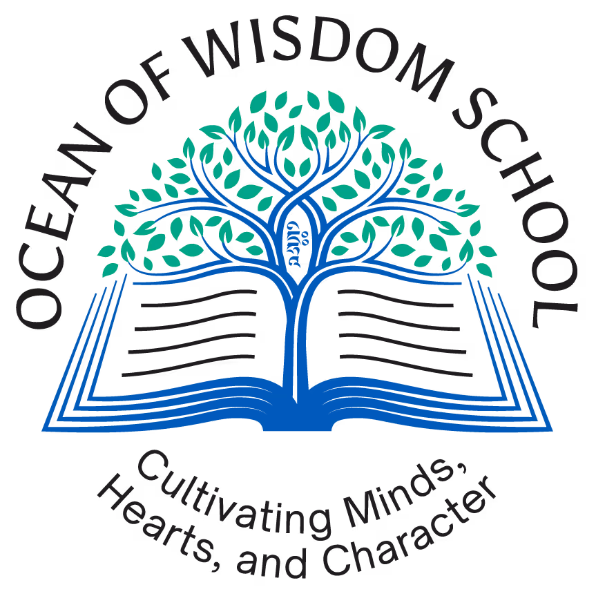 Logo of Ocean of Wisdom School featuring a stylized open book with a blue tree growing from its center, green leaves, and the motto 'Cultivating Minds, Hearts, and Character' encircling the design.