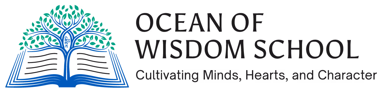 Logo of Ocean of Wisdom School featuring an open book with a blue tree growing from its pages, accompanied by the tagline 'Cultivating Minds, Hearts, and Character.'