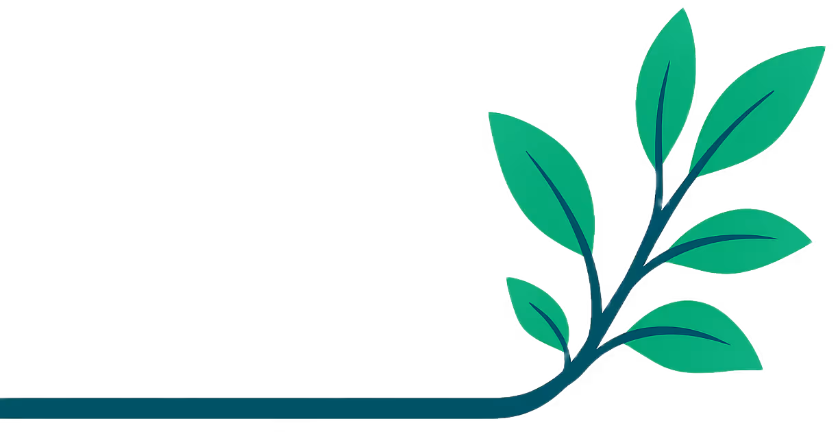 Illustration of a green leafy branch extending from a horizontal line, resembling an underline with leaves.