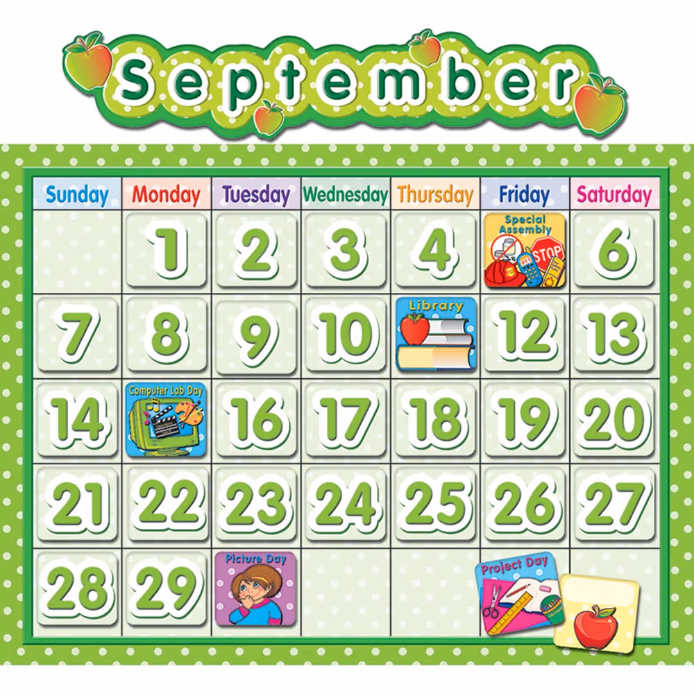 Children's calendar for September with green polka dot border, featuring special days like Special Assembly on Friday the 5th, Library on Thursday the 11th, Computer Lab Day on Monday the 15th, Picture Day on Tuesday the 30th, and Project Day on a blank Thursday slot.