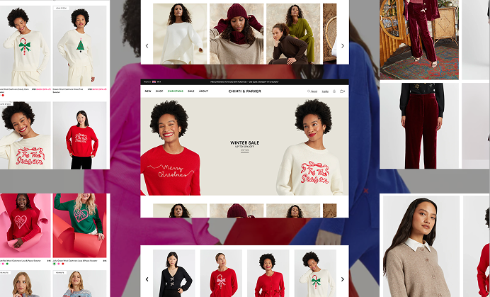 A collage of images featuring models wearing various festive holiday sweaters and clothing, showcasing Christmas-themed designs and a winter sale on an online store page.