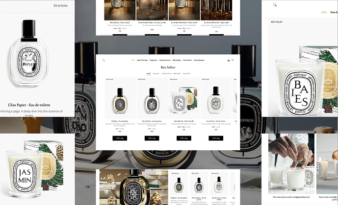 E-commerce webpage displaying best-selling Diptyque scented candles with product images and add-to-bag buttons.
