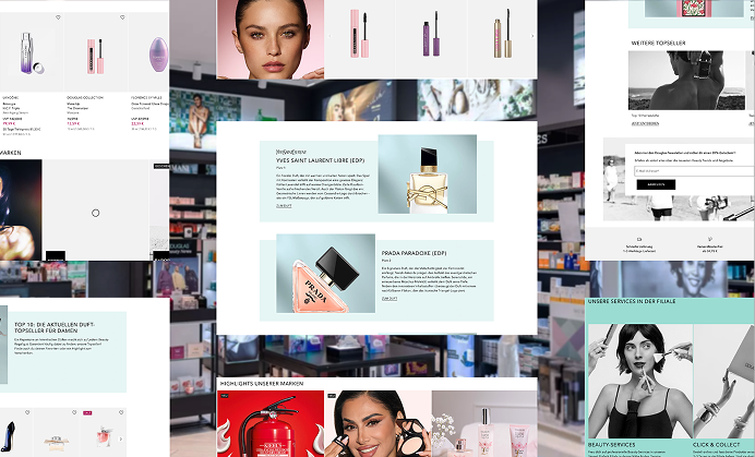 Website collage showing various cosmetic products including perfumes, makeup items, and beauty services featured in an online store layout.