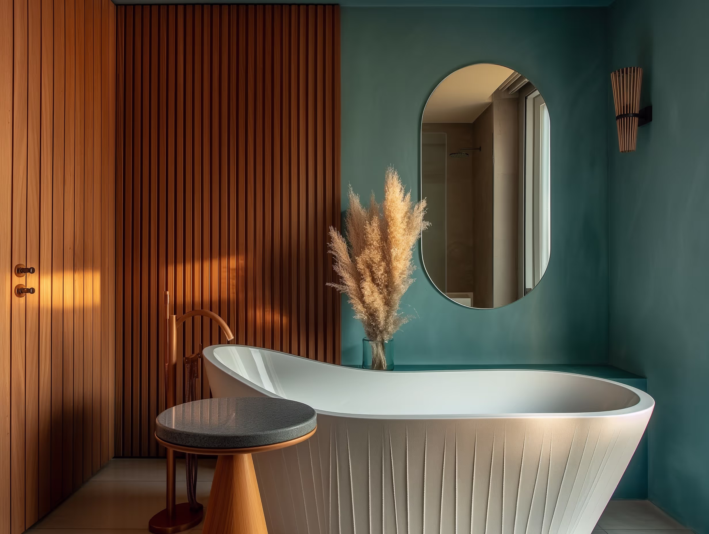 Elegant bathroom design featuring a custom-installed oval mirror above a freestanding bathtub. Enhance your space with expert mirror installation services