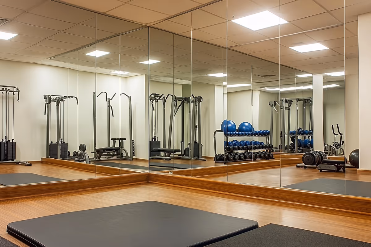 Exercise room with wooden floor, large wall mirrors, gym mats, weight machines, dumbbells, and blue stability balls.