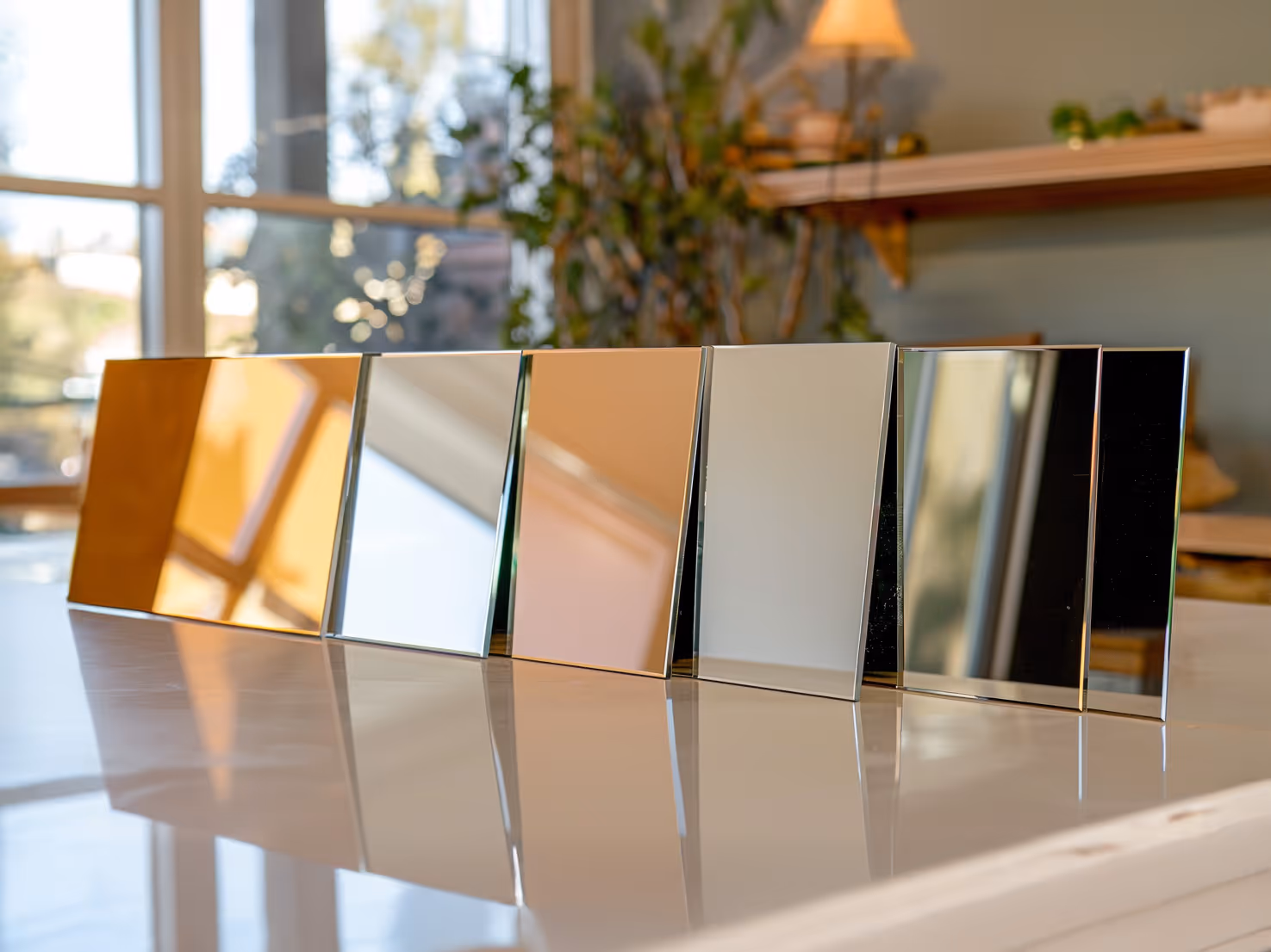 Six rectangular glass samples in varying tints from amber to clear to dark, standing upright on a reflective surface with an indoor background.