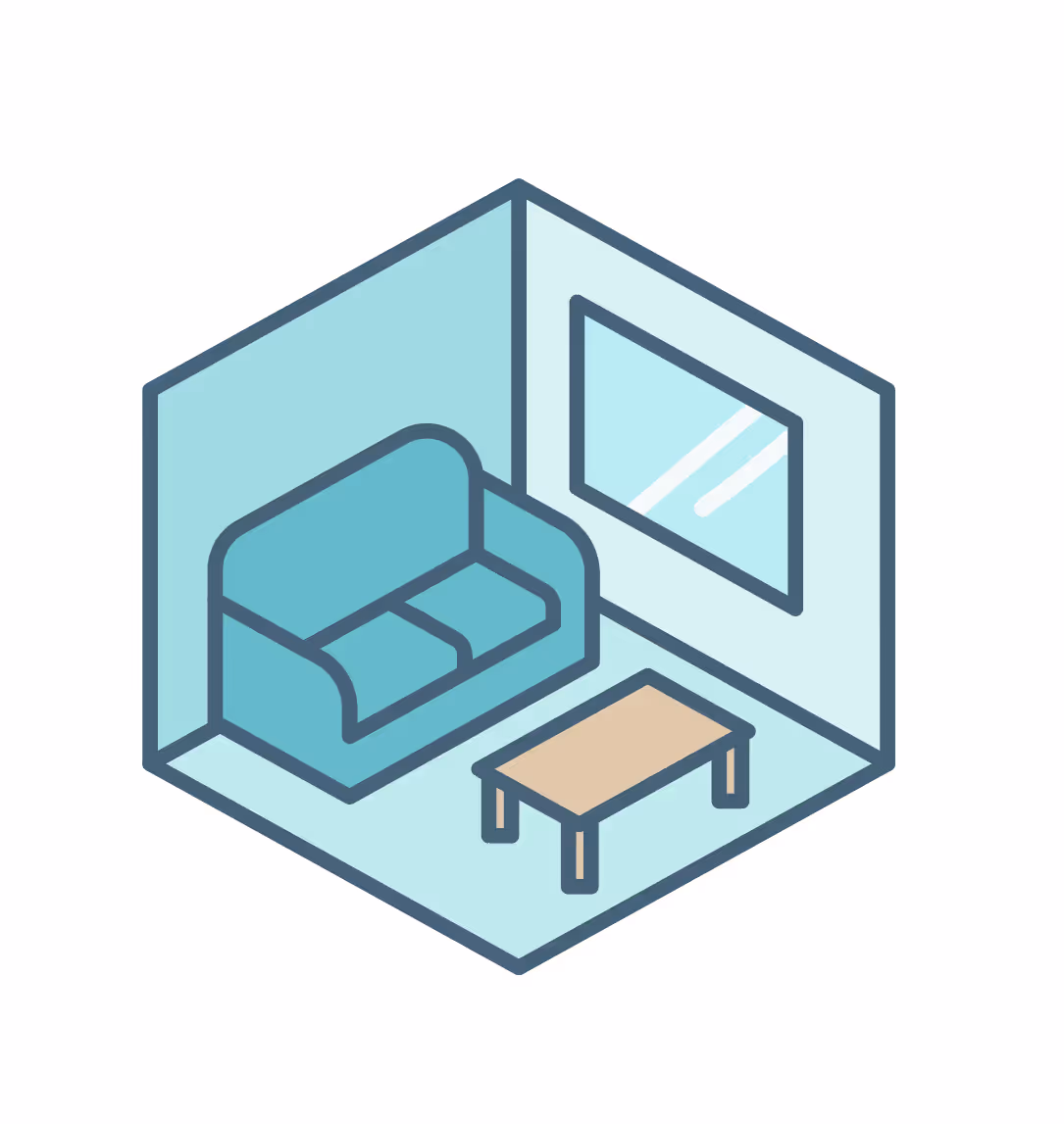 Isometric illustration of a room corner with a blue sofa, a beige coffee table, and a window on the wall.
