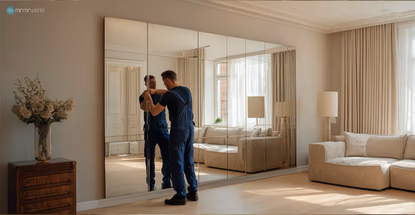 A man in blue overalls installing a large wall mirror in a bright, modern living room with beige sofas and curtains.