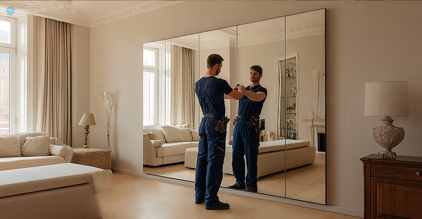 Man in uniform adjusting a large wall mirror in a bright, modern living room.