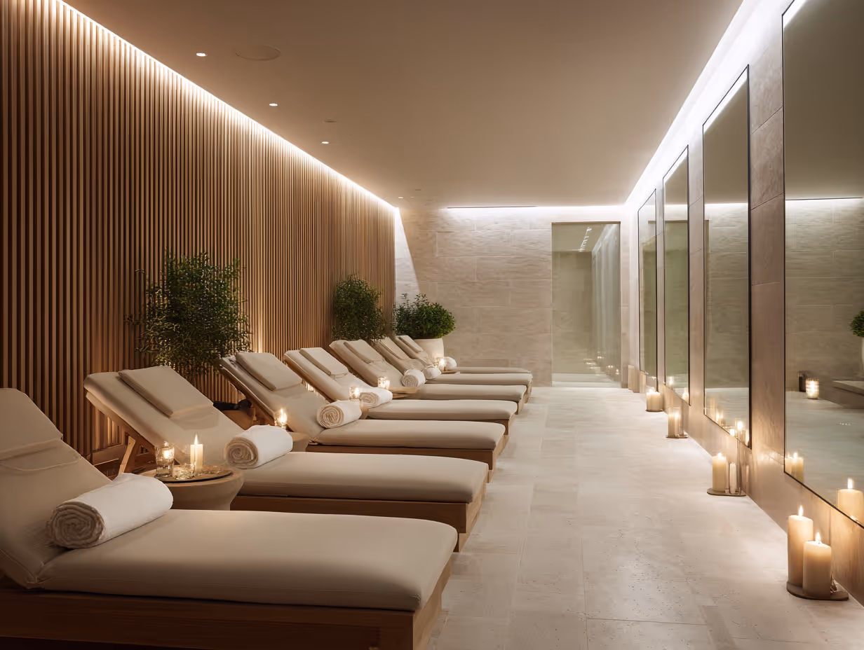 Upscale spa relaxation lounge with beige cushioned lounge chairs, rolled towels, candles, plants, wood panel wall, and large mirrors.