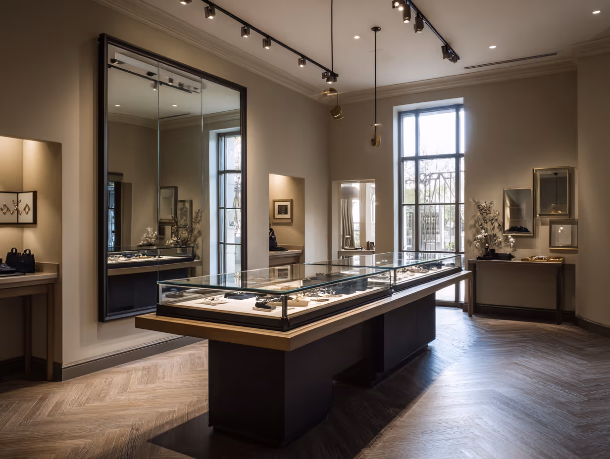 Elegant jewelry boutique interior with glass display cases, large mirror, and soft lighting.