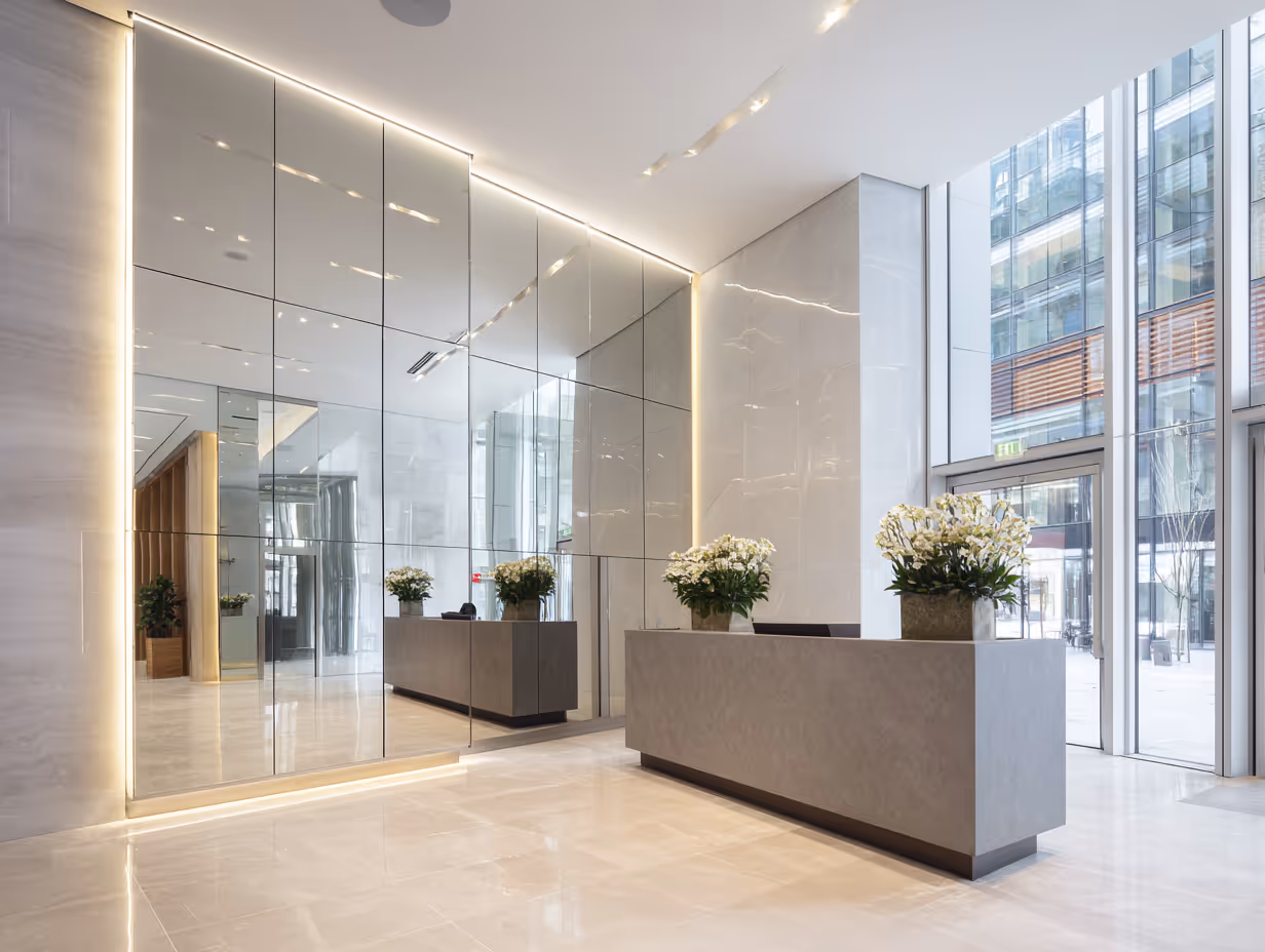 Modern office lobby with a large gray reception desk, potted white flowers, floor-to-ceiling glass wall, and natural light from tall windows.