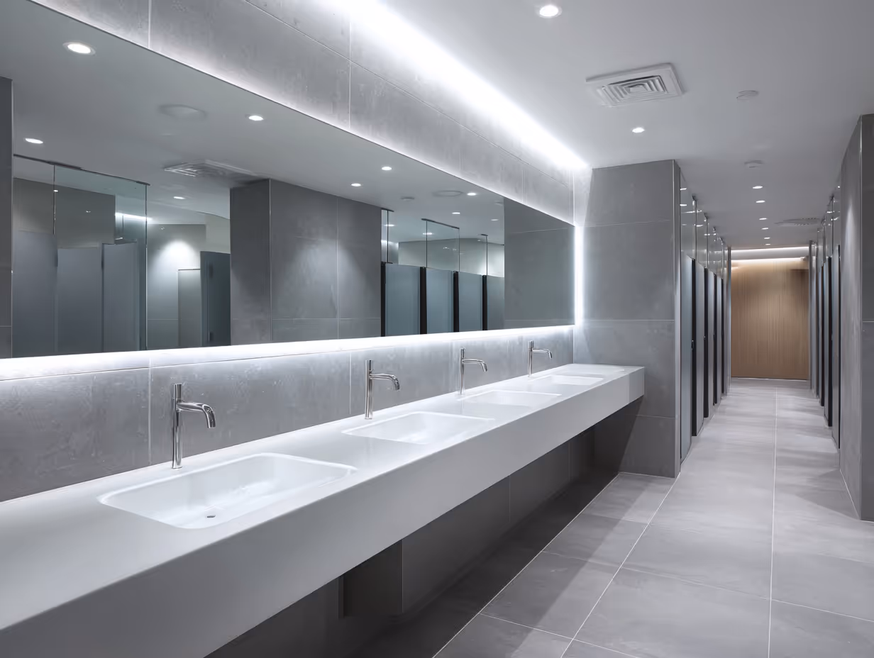 Modern commercial washroom with six white sinks, sleek faucets, large backlit mirror, and gray tiled floors and walls.
