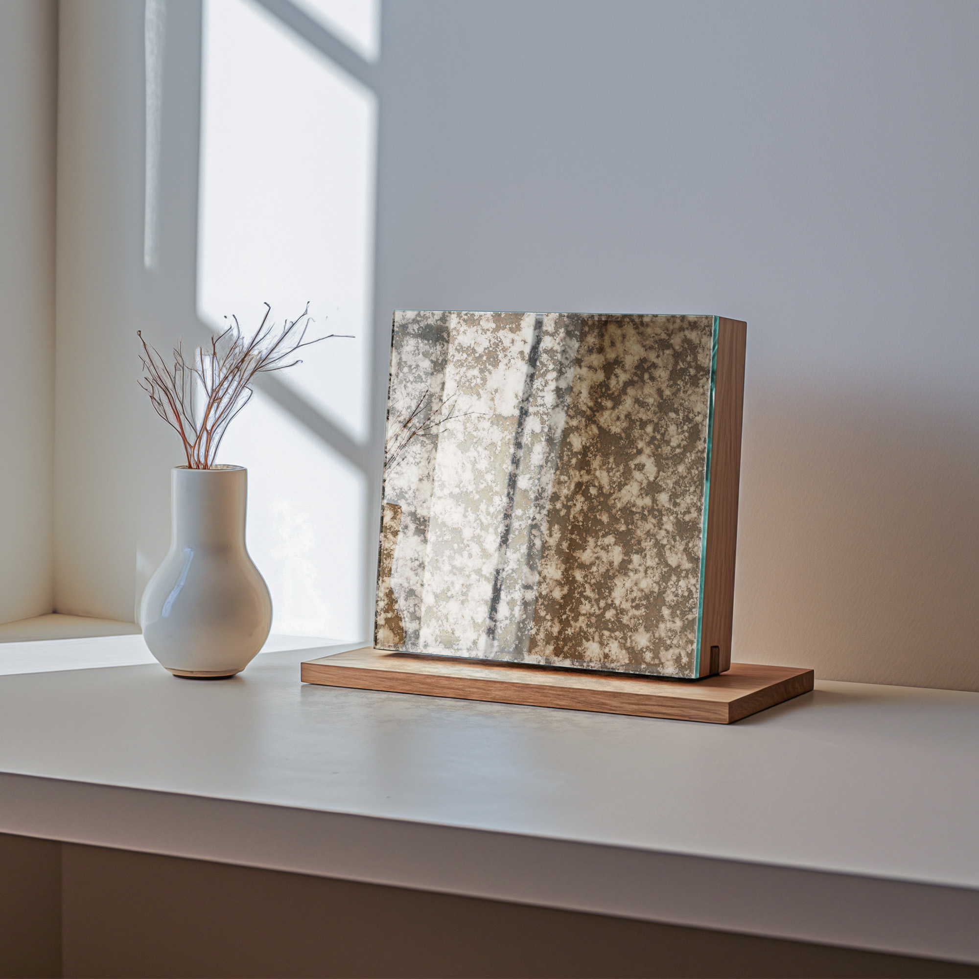Dark-Antique Aged Distressed Textured Glass Mirror Sample displayed in warm living room setting