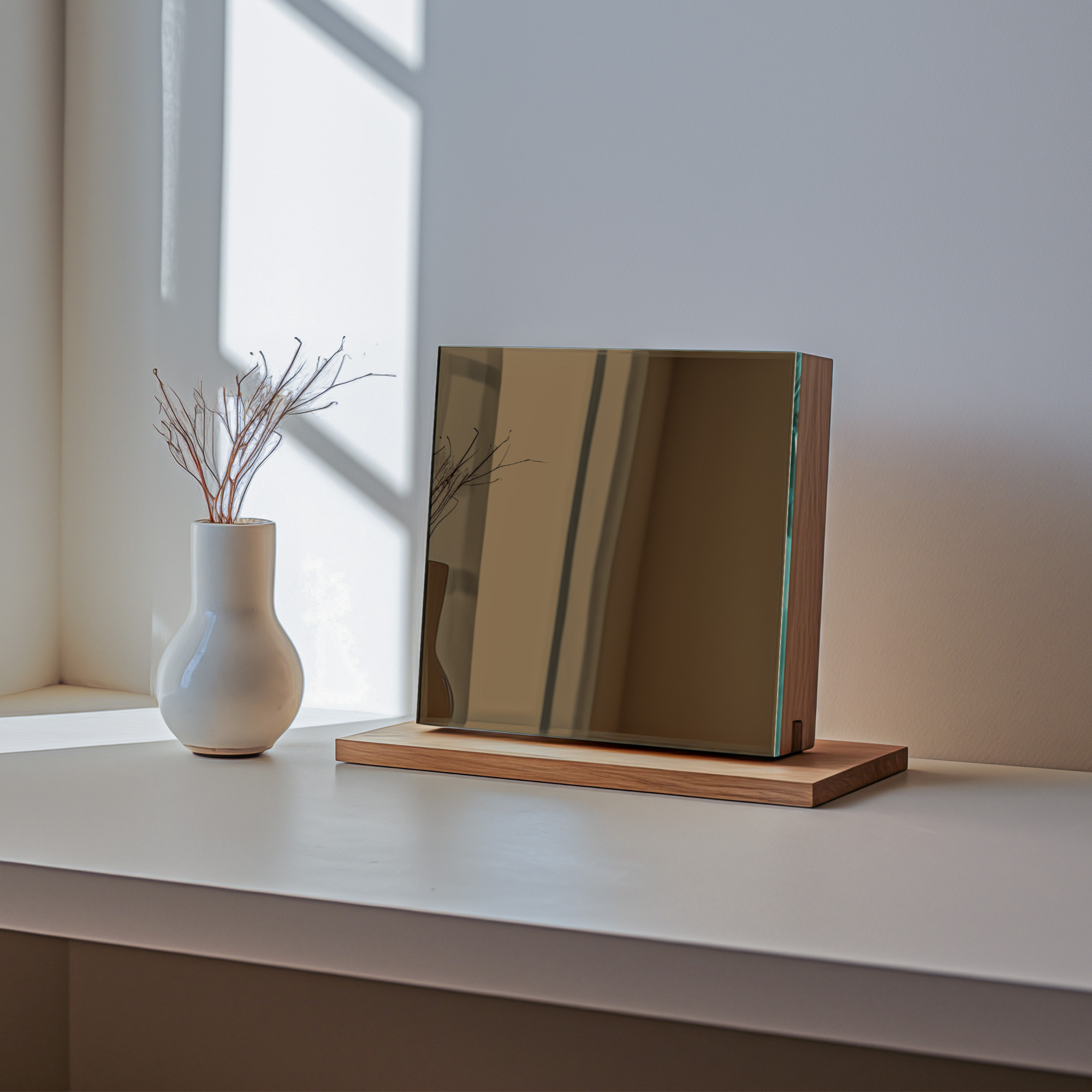 Bronze-Tinted Glass Mirror Sample displayed in warm living room setting
