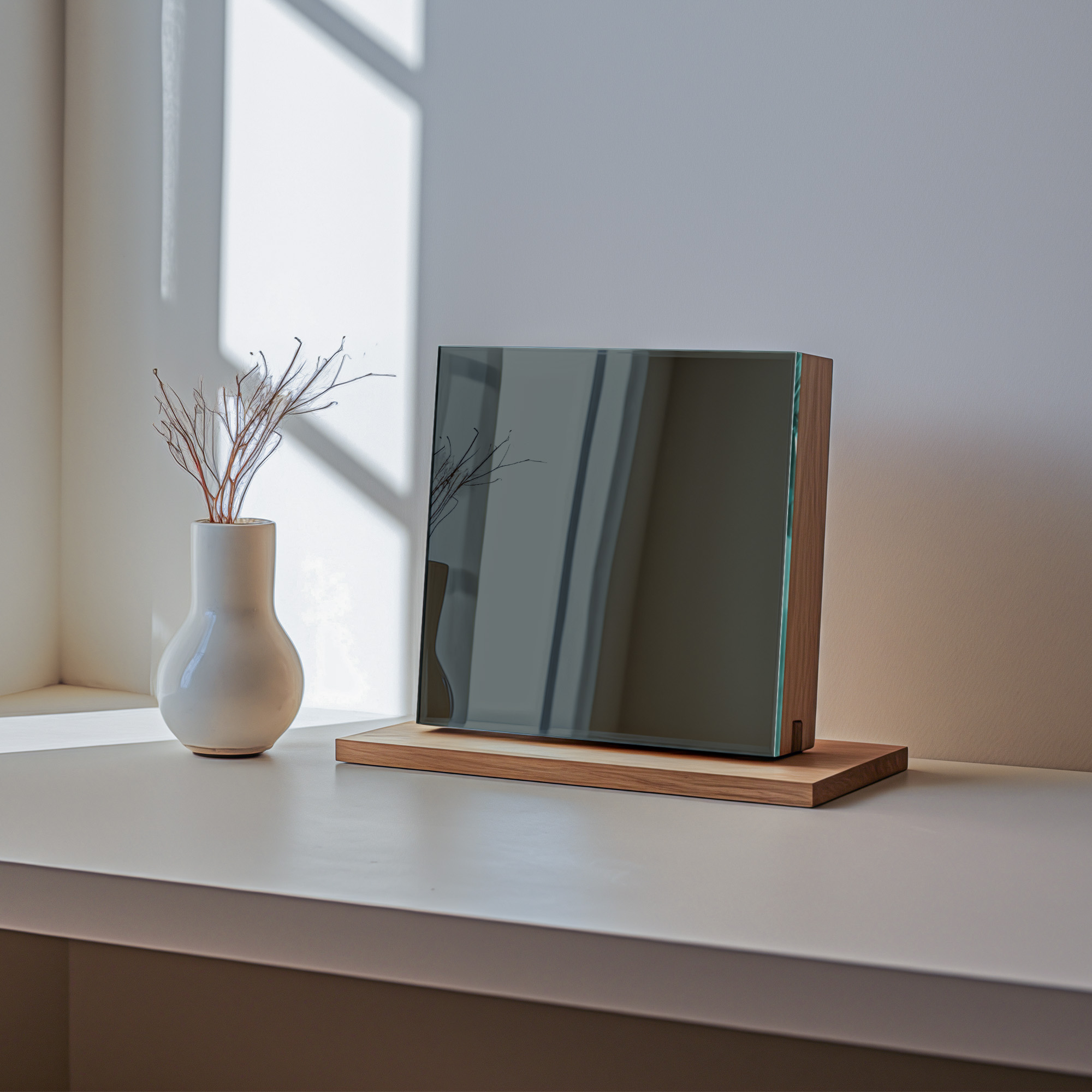 Grey-Tinted Glass Mirror Sample displayed in warm living room setting