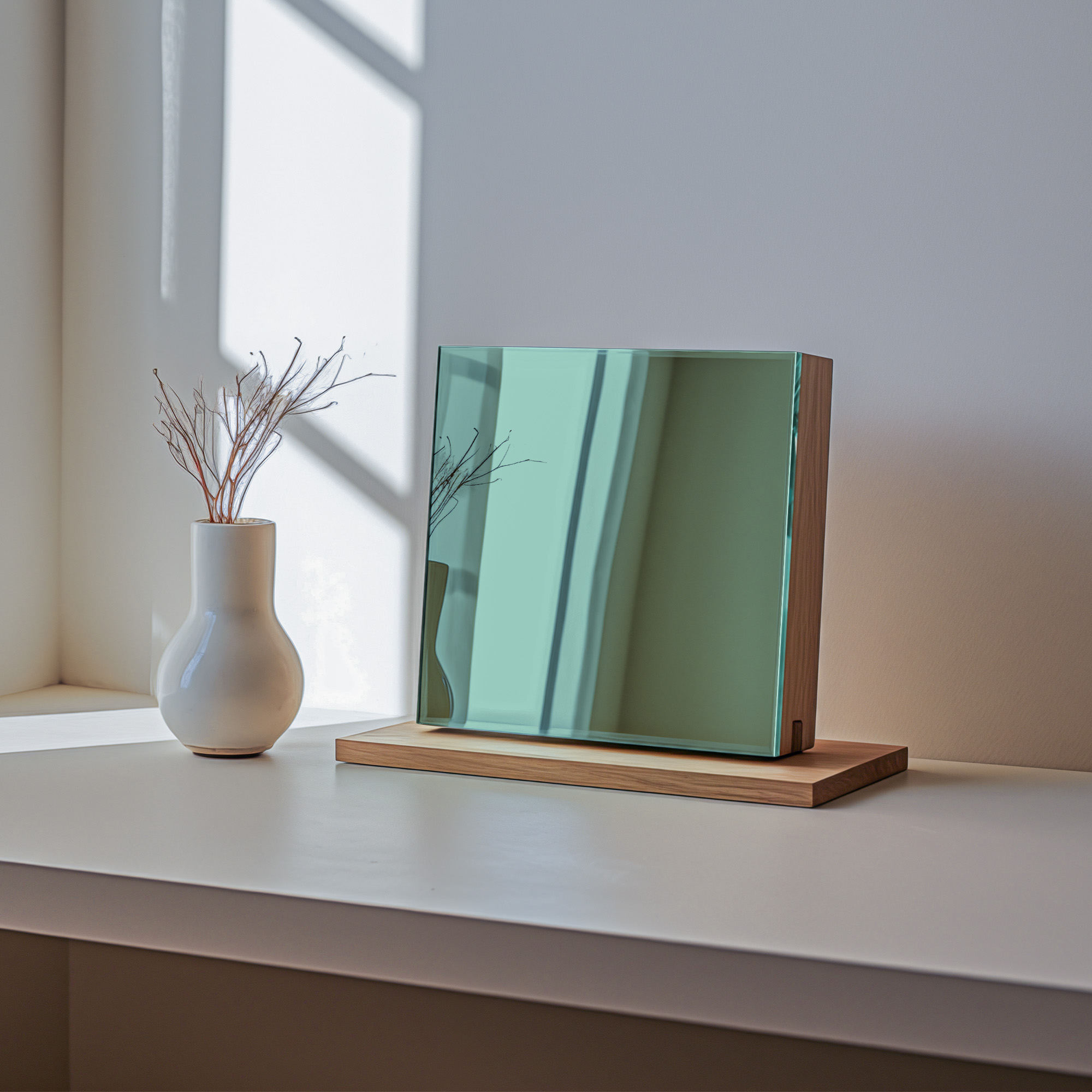 Green-Tinted Glass Mirror Sample displayed in warm living room setting