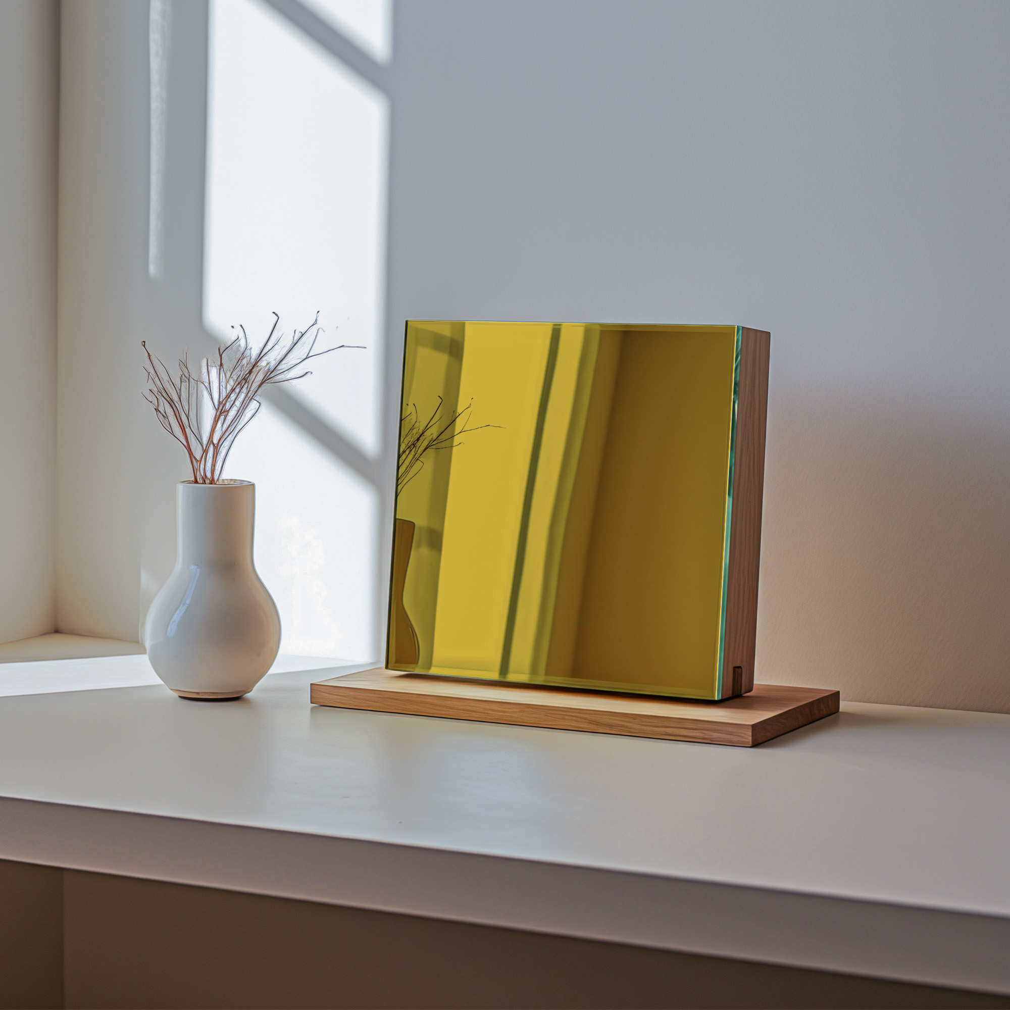 Gold-Tinted Glass Mirror Sample displayed in warm living room setting