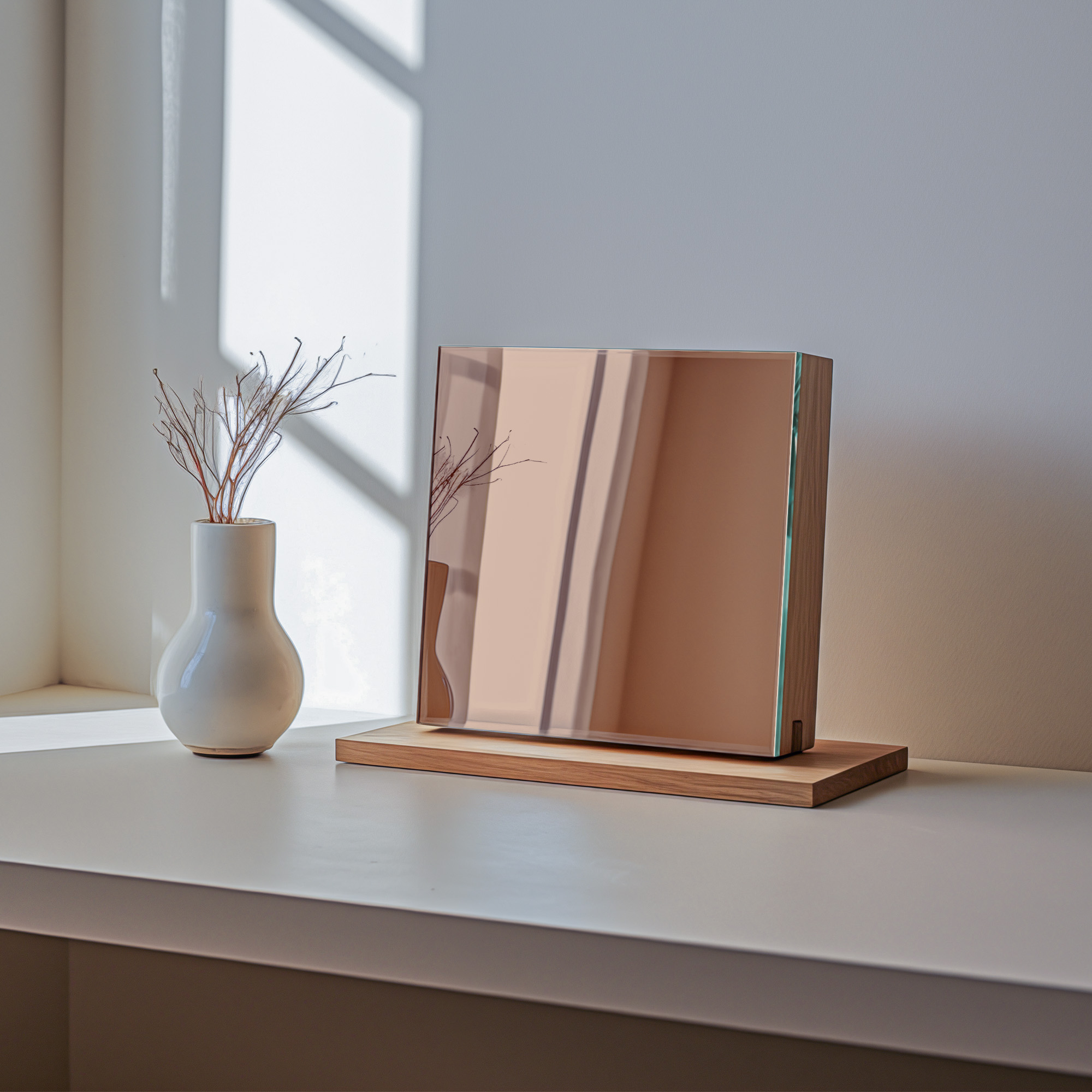 Rose-Gold-Tinted Glass Mirror Sample displayed in warm living room setting