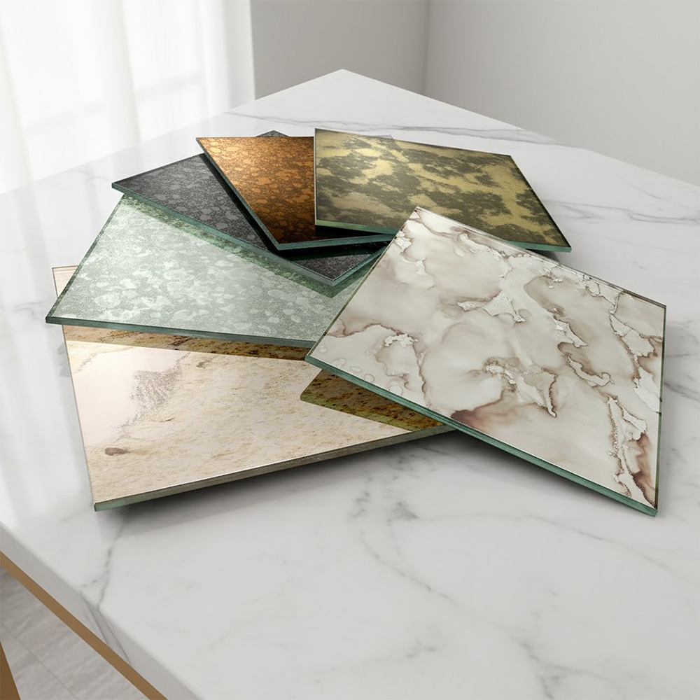 A wide array of Antique Aged Distressed Textured Glass Mirror Sample displayed as a neat set