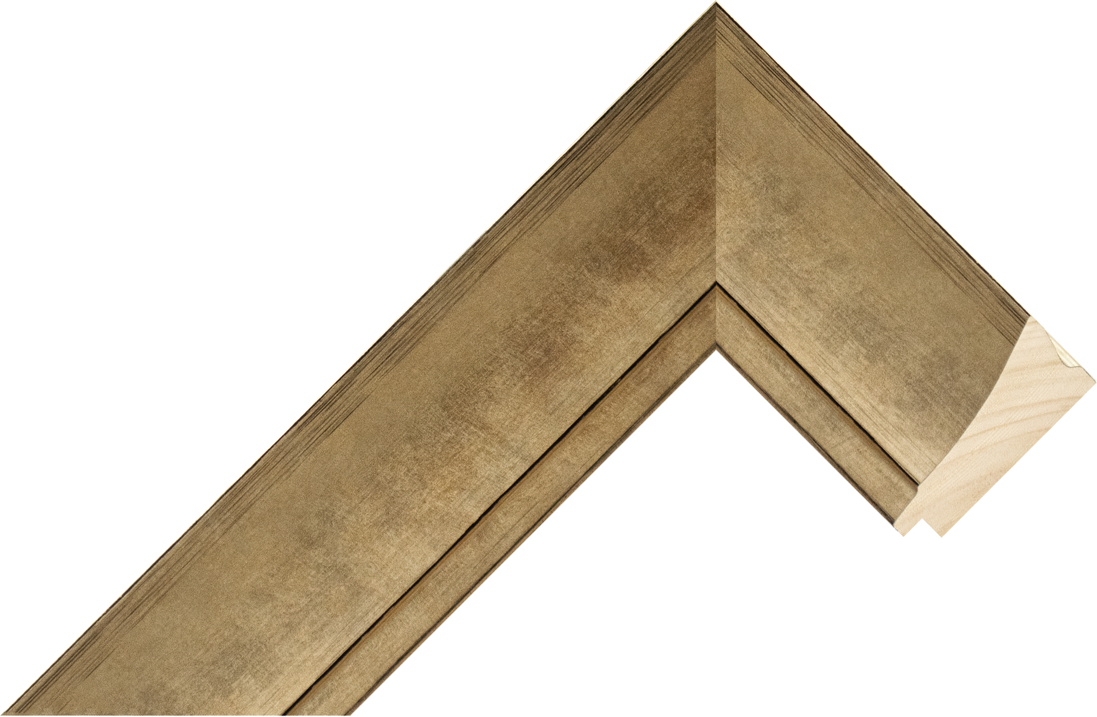 A simple, contemporary picture-frame moulding in a muted gold finish, featuring a smooth flat face with subtle brushed texture and clean angled edges, shown as an L-shaped corner sample