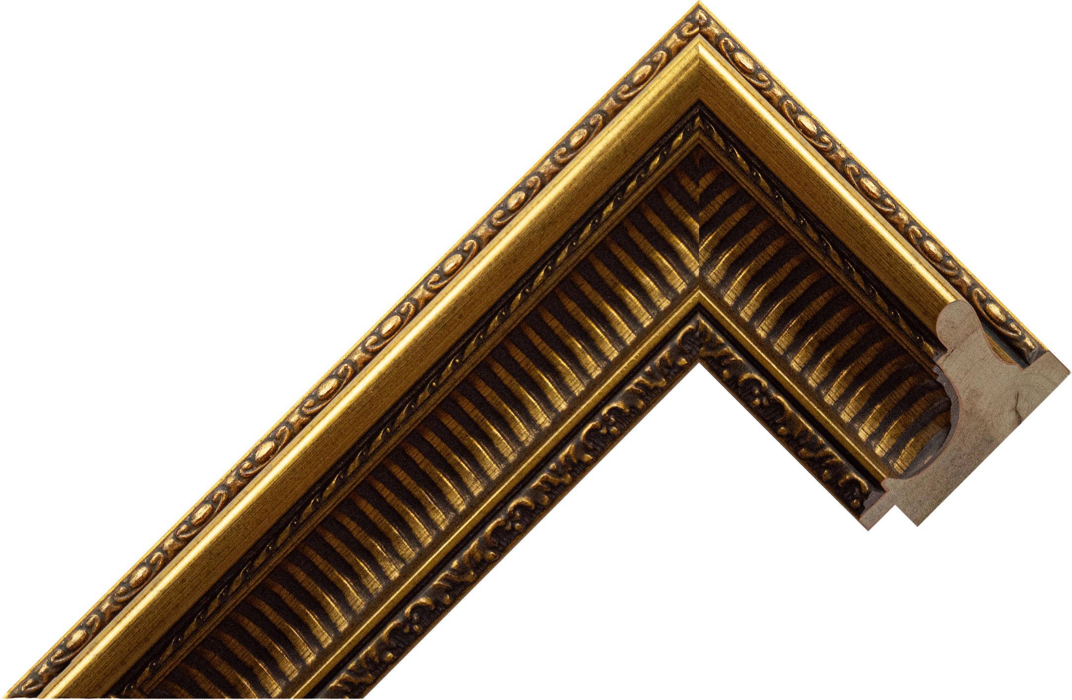 A gold-toned ornate picture-frame moulding with a deep profile, featuring carved bead-and-scroll patterns along the outer edge and ridged, dark-accented detailing on the inner surface, shown as an angled corner sample