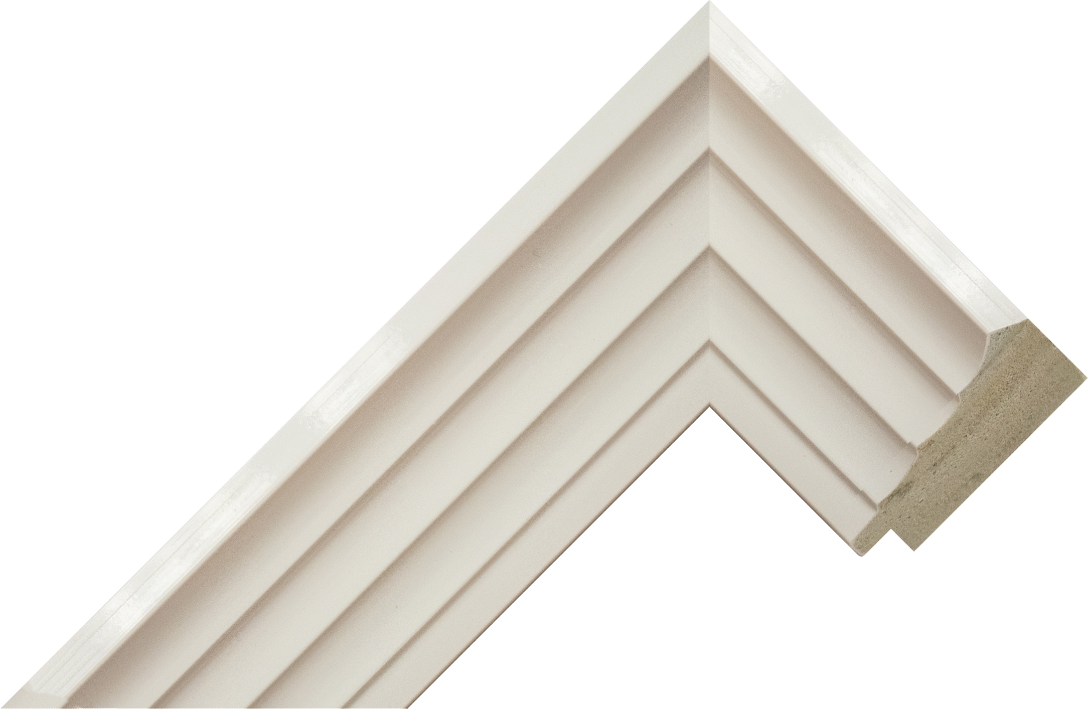 A smooth, white picture-frame moulding with clean, stepped grooves and a modern profile, shown as a chevron corner sample with a matte, uniform finish