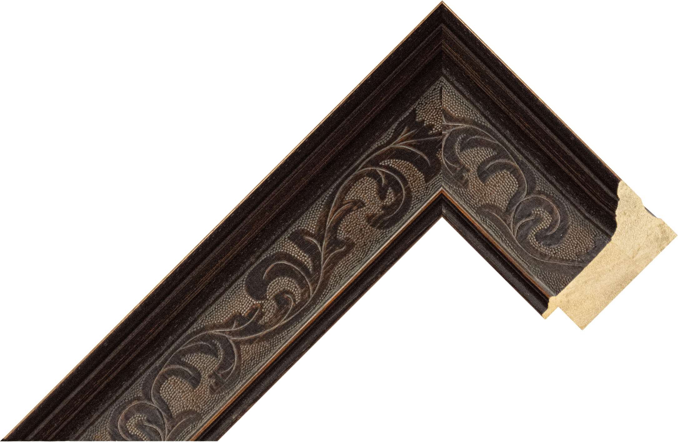 A dark, antique-style picture-frame moulding featuring a textured panel with scrolling floral motifs and a softly distressed finish, shown as a chevron corner sample