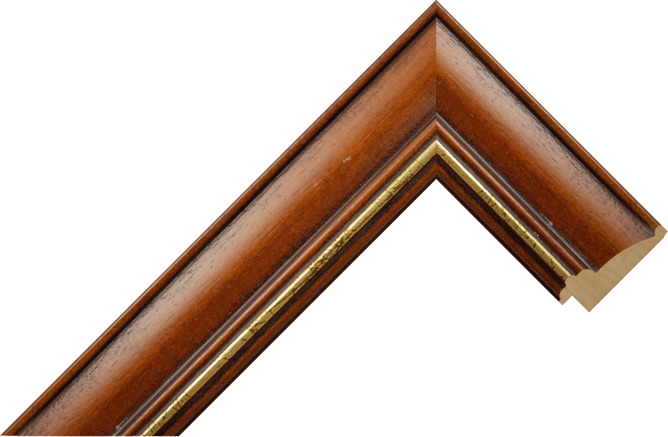 A warm, medium-brown picture-frame moulding with a smooth, slightly glossy wood finish and a narrow inner band of distressed gold leaf, shown as a chevron corner sample