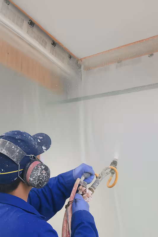 Worker in blue protective gear spraying white paint on a wall near the ceiling with a spray gun.