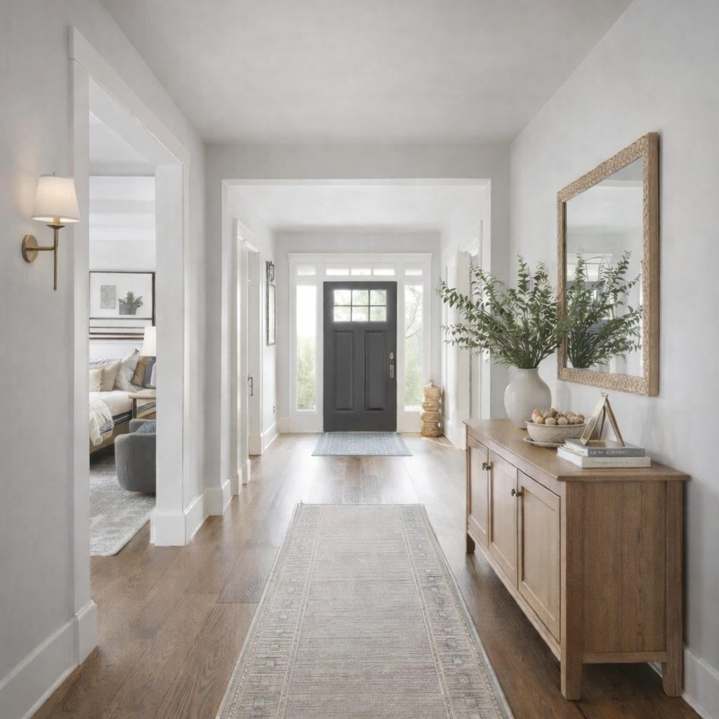 Bright entryway with wooden floor, a light runner rug, a wooden console table with a vase of greenery and decorative items, and a black front door with sidelights.