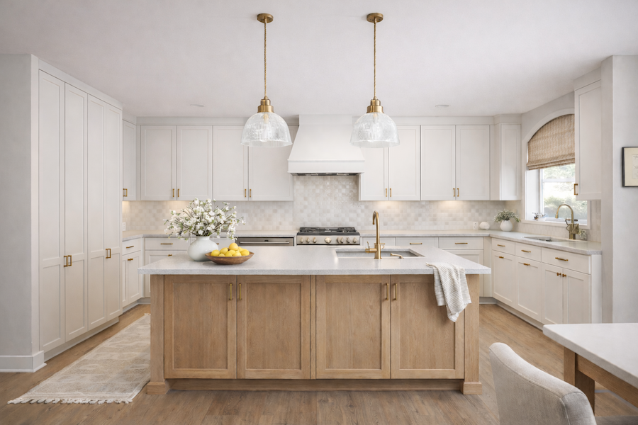 Modern kitchen with white cabinets, a wooden island with white countertop, two pendant lights, and a bowl of lemons and vase of flowers on the island.