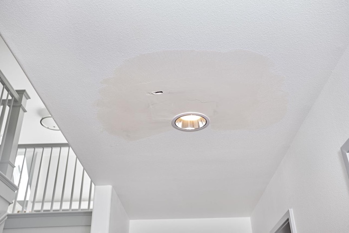 White ceiling with a large water stain and peeling paint around a recessed light fixture.